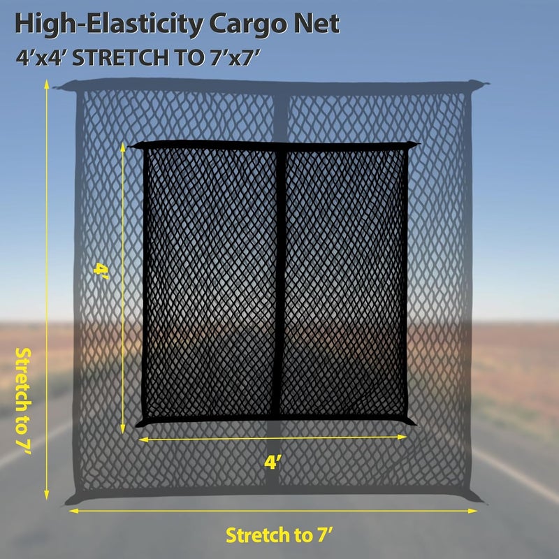 Isvo Cargo Net for Pickup Truck Bed, Trucks Cargo Net Mesh Organizer, 4'x4' Stretch to 7'x7' Highly Elastic Truck Bed Net for Camping, Trip Luggage, Compatible with Trailer, Ford, Chevrolet, Dodge - Image 3